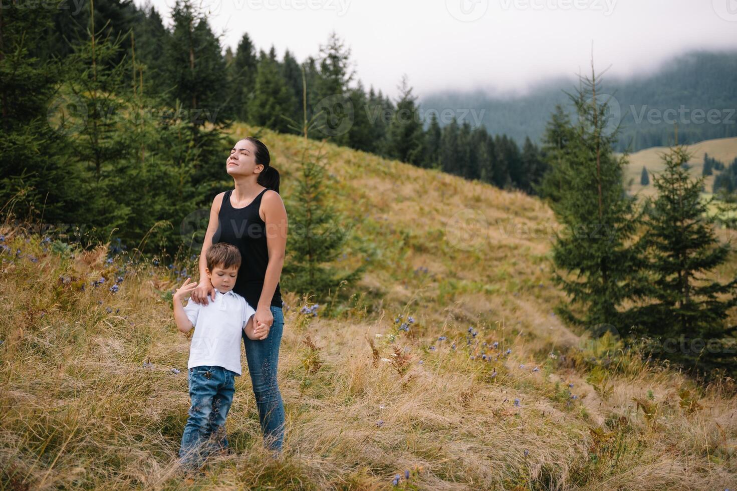 jung Mama mit Baby Junge Reisen. Mutter auf Wandern Abenteuer mit Kind, Familie Ausflug im Berge. National Park. Wanderung mit Kinder. aktiv Sommer- Feiertage. foto