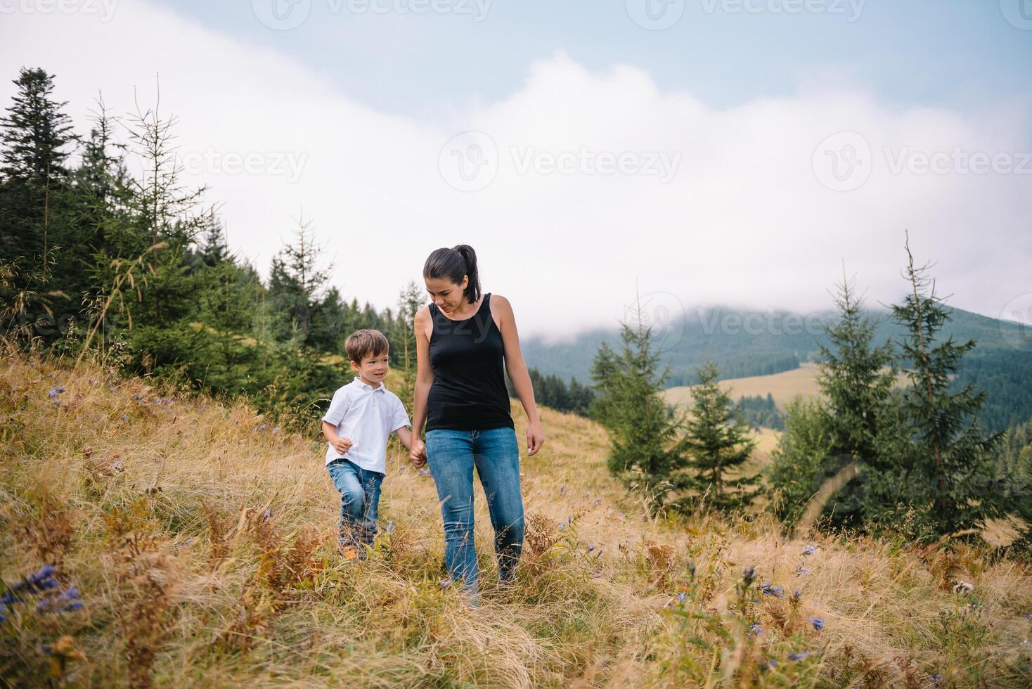 jung Mama mit Baby Junge Reisen. Mutter auf Wandern Abenteuer mit Kind, Familie Ausflug im Berge. National Park. Wanderung mit Kinder. aktiv Sommer- Feiertage. foto