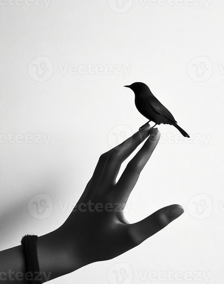 ai generiert Nahansicht von ein Hand mit ein Vogel auf oben foto
