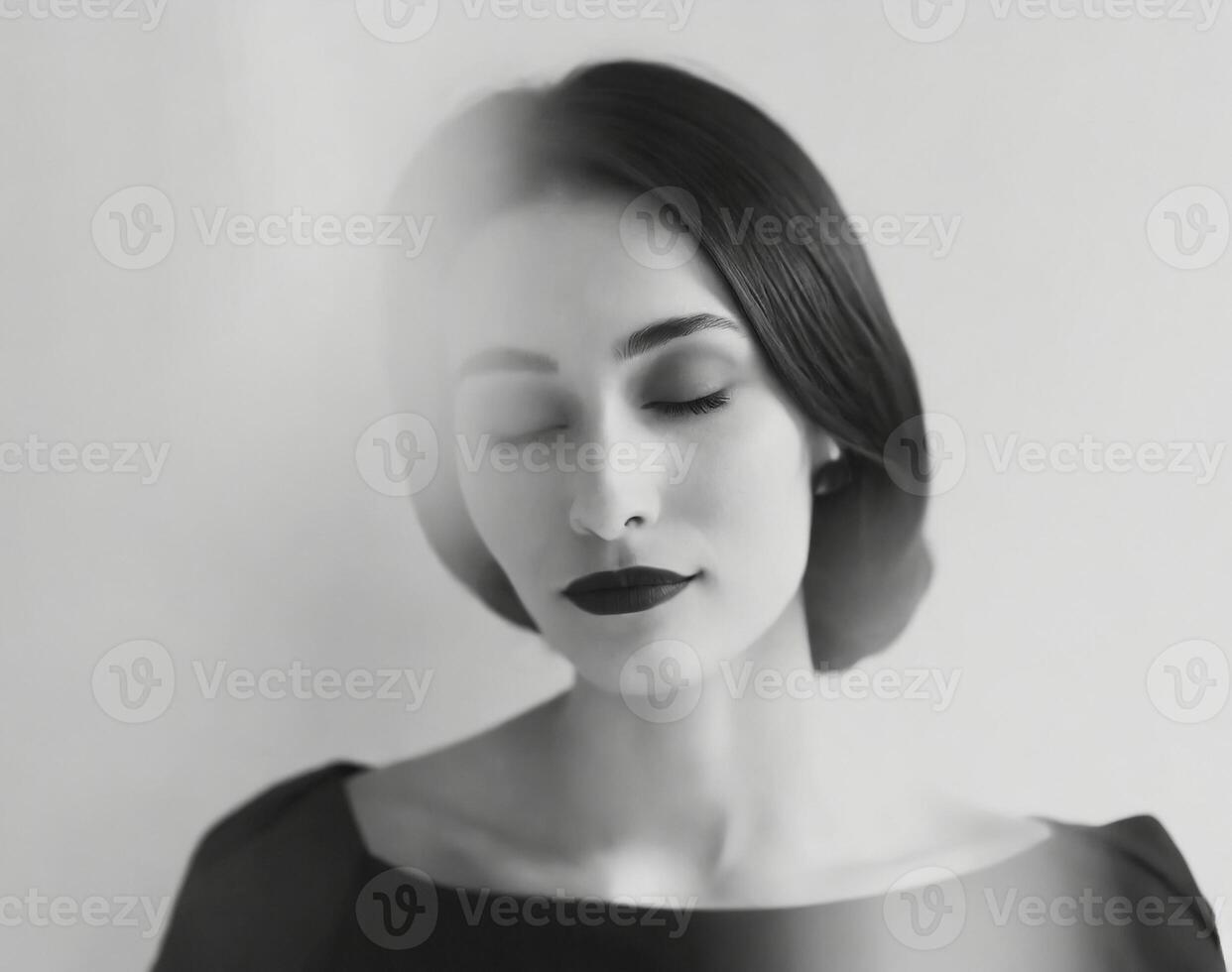 ai generiert Porträt von nachdenklich Frau im verschwommen schwarz und Weiß foto