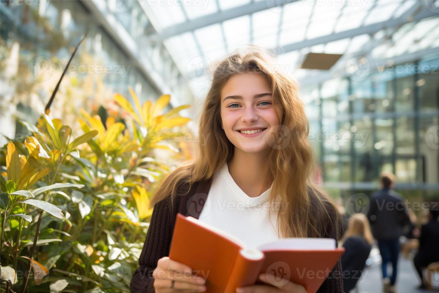 ai generiert glücklich ziemlich europäisch Mädchen Schüler halten Buch foto