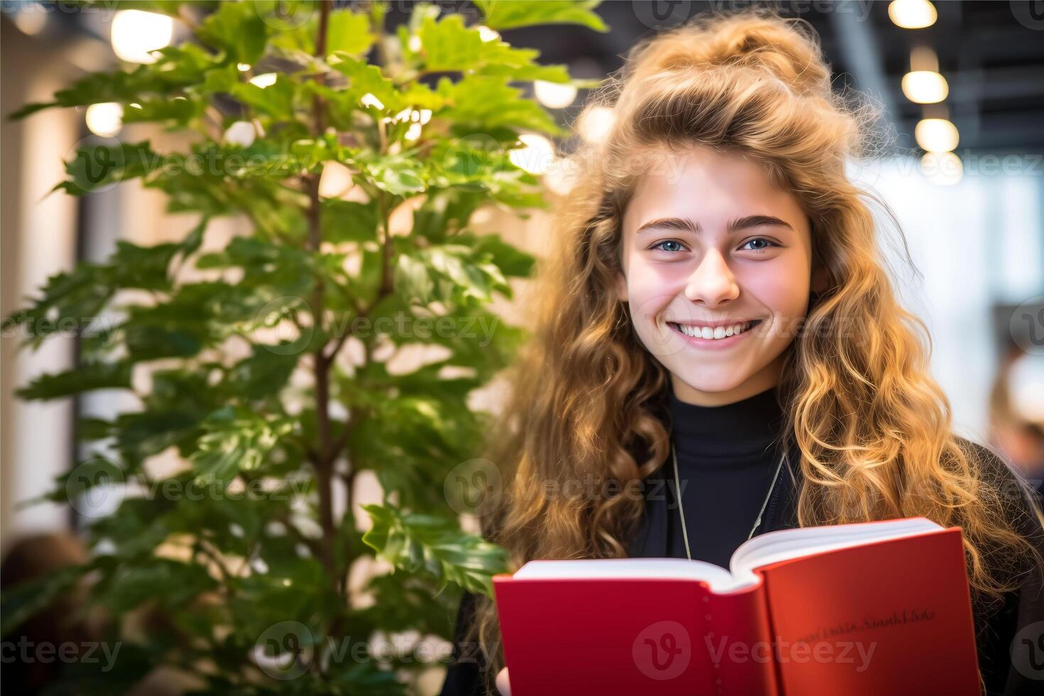 ai generiert glücklich ziemlich europäisch Mädchen Schüler halten Buch foto