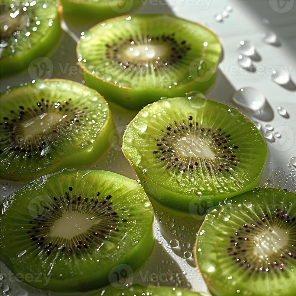 ai generiert Kiwi Scheiben Obst mit Tropfen foto