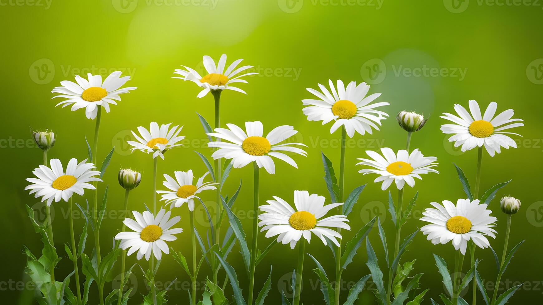 ai generiert Grün Natur Hintergrund Vitrinen Gänseblümchen beim anders Wachstum Stufen foto