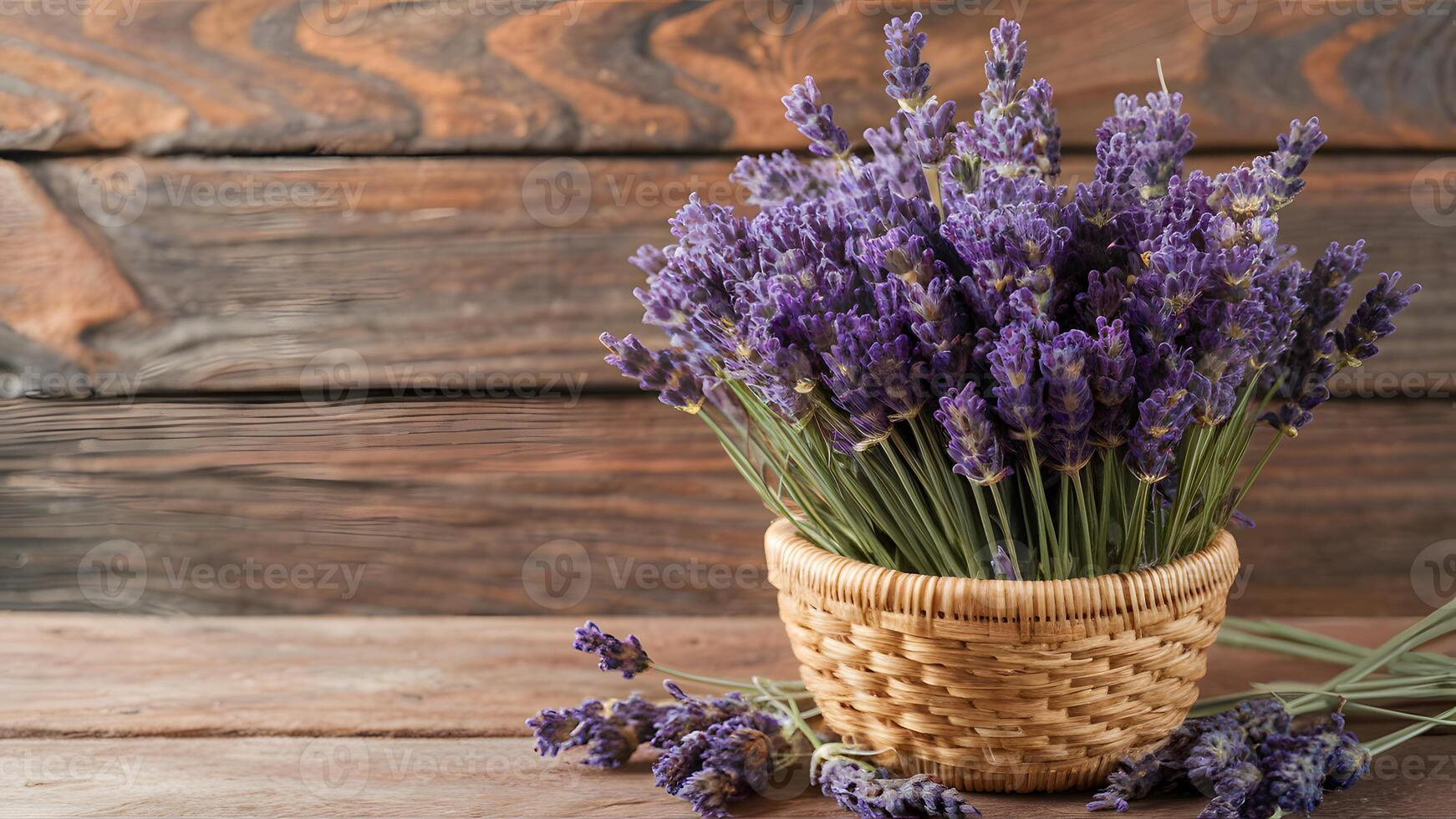 ai generiert hölzern Hintergrund bietet rustikal Rahmen zum Lavendel Blumen im Korb foto