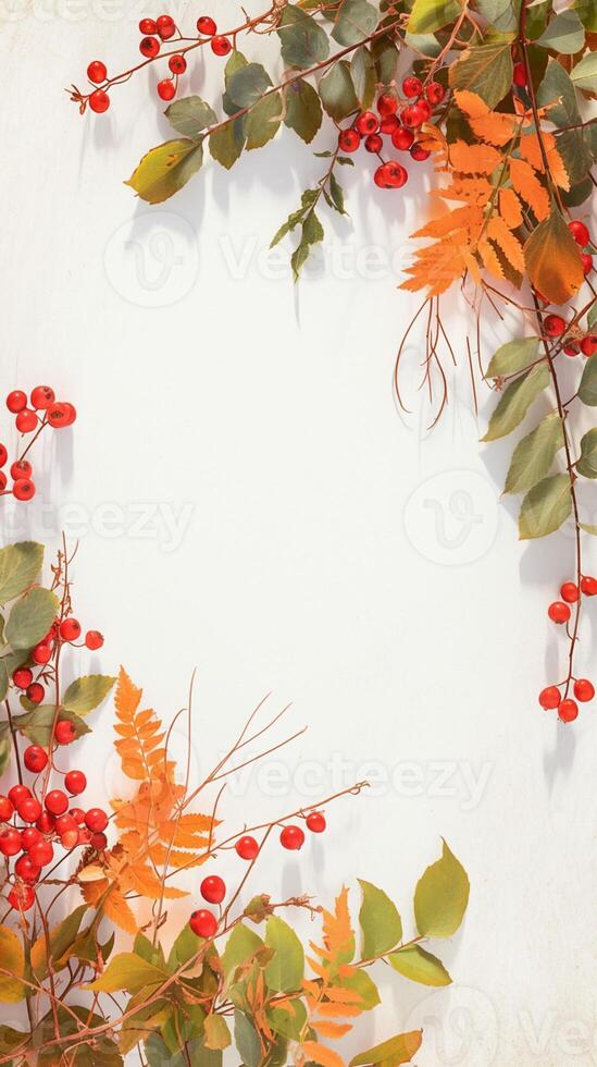 ai generiert fallen Stimmung Herbst Blumen- eben legen mit Viburnum Beeren Rahmen Vertikale Handy, Mobiltelefon Hintergrund foto