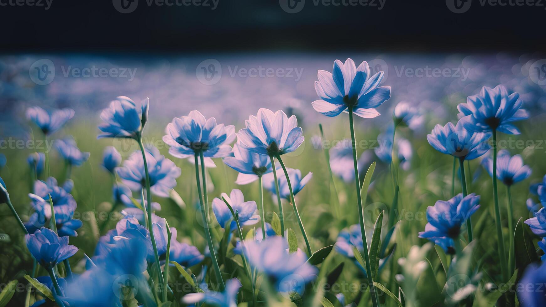ai generiert Fantasie sanft Blumen- Hintergrund mit Blau Blumen im defokussiert Rahmen foto