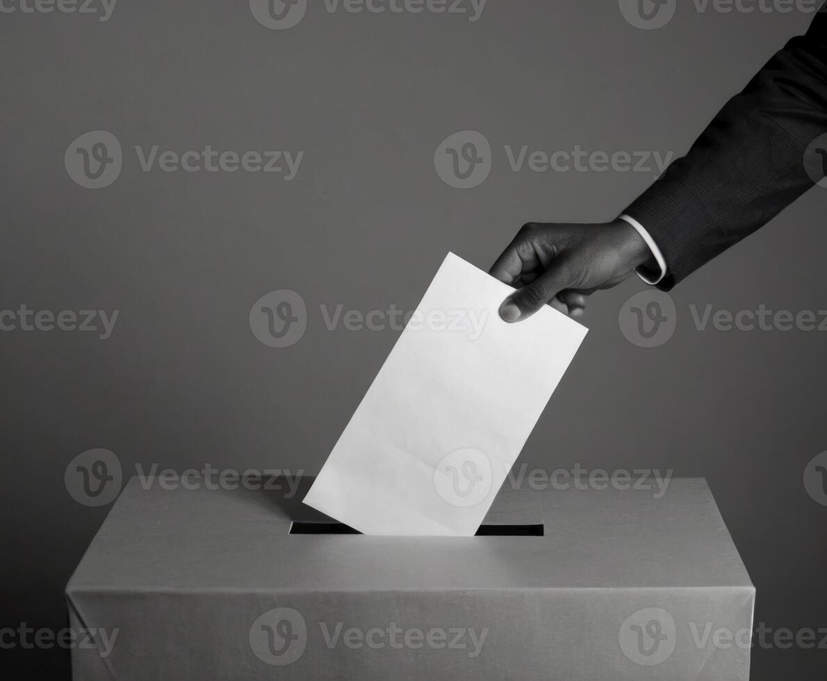 ai generiert ein Mann Stimmen, setzt seine Abstimmung im das Abstimmung Kasten. schwarz und Weiß. foto