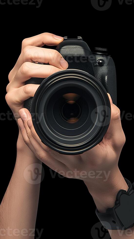 ai generiert Fotografie das Wesentliche männlich Hand hält Digital Kamera auf schwarz Hintergrund Vertikale Handy, Mobiltelefon Hintergrund foto
