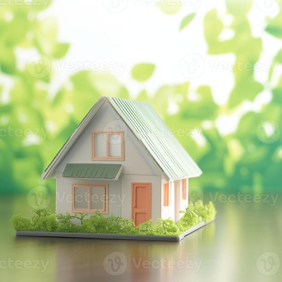 ai generiert Zuhause Träume klein Modell- Haus gegen Grün Bokeh Hintergrund zum Sozial Medien Post Größe foto