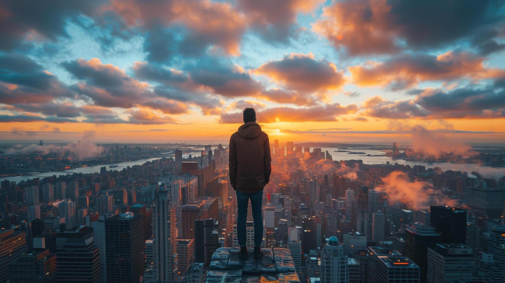 ai generiert Mann Stehen auf oben von hoch Gebäude foto