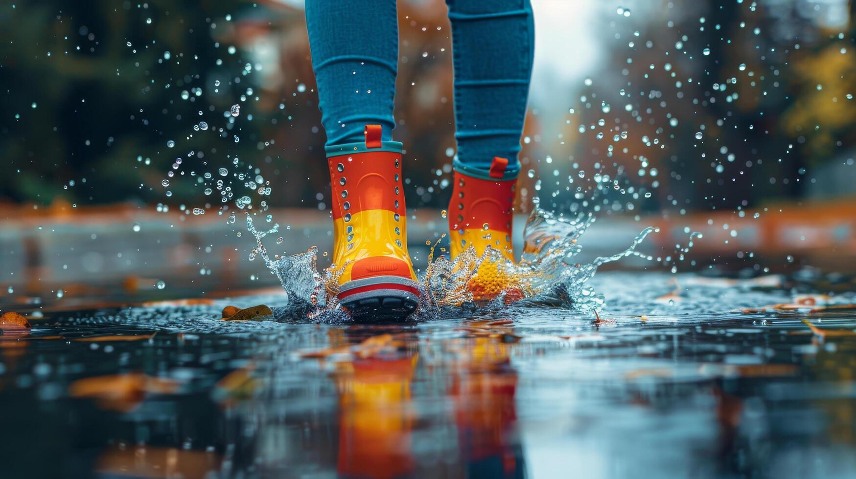 ai generiert Person planschen durch Pfütze im bunt Regen Stiefel foto