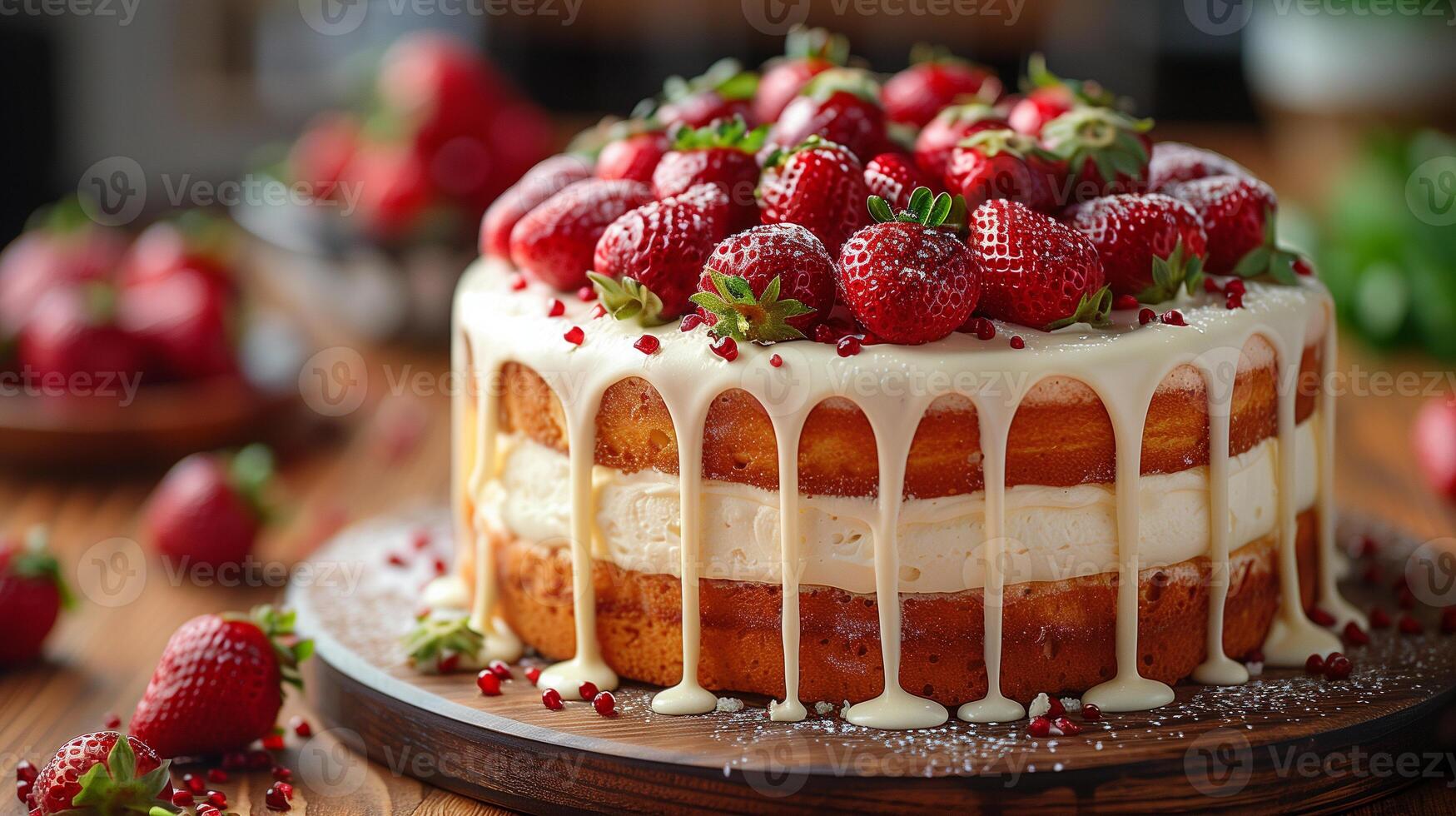 ai generiert Weiß Kuchen mit Erdbeere Belag Hintergrund foto