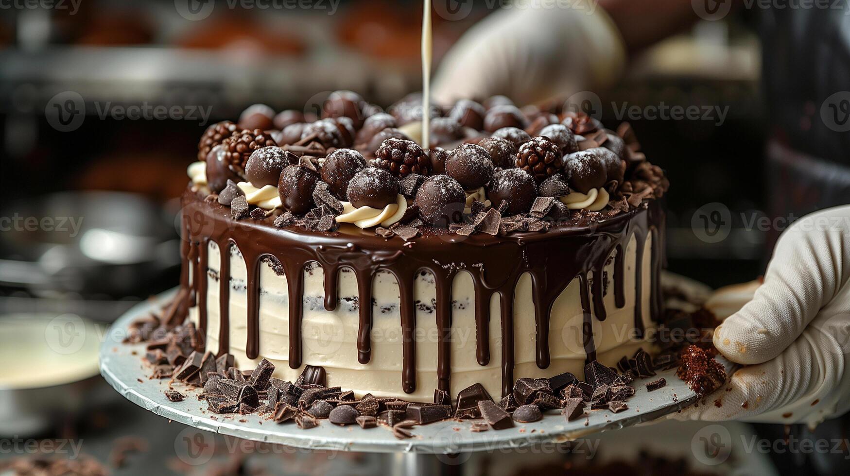 ai generiert Weiß Kuchen mit Koch Hand Hintergrund foto