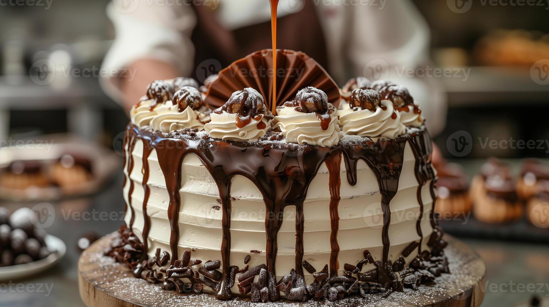 ai generiert Weiß Kuchen mit Koch Hand Hintergrund foto