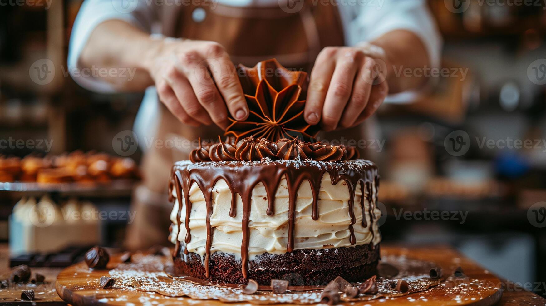 ai generiert Weiß Kuchen mit Koch Hand Hintergrund foto