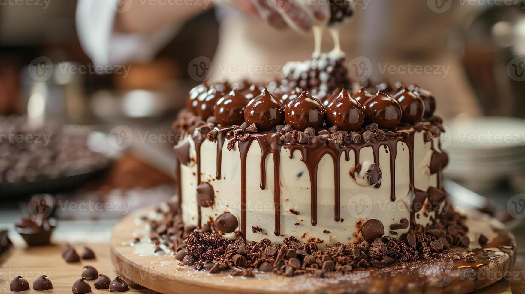 ai generiert Weiß Kuchen mit Koch Hand Hintergrund foto