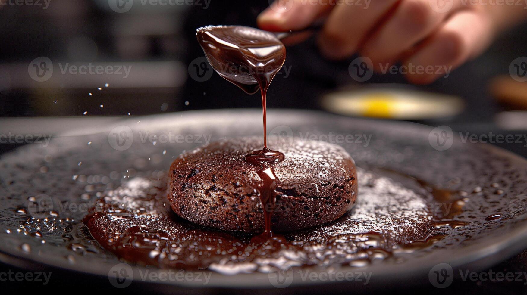 ai generiert Schokolade Kuchen mit Koch Hand Hintergrund foto