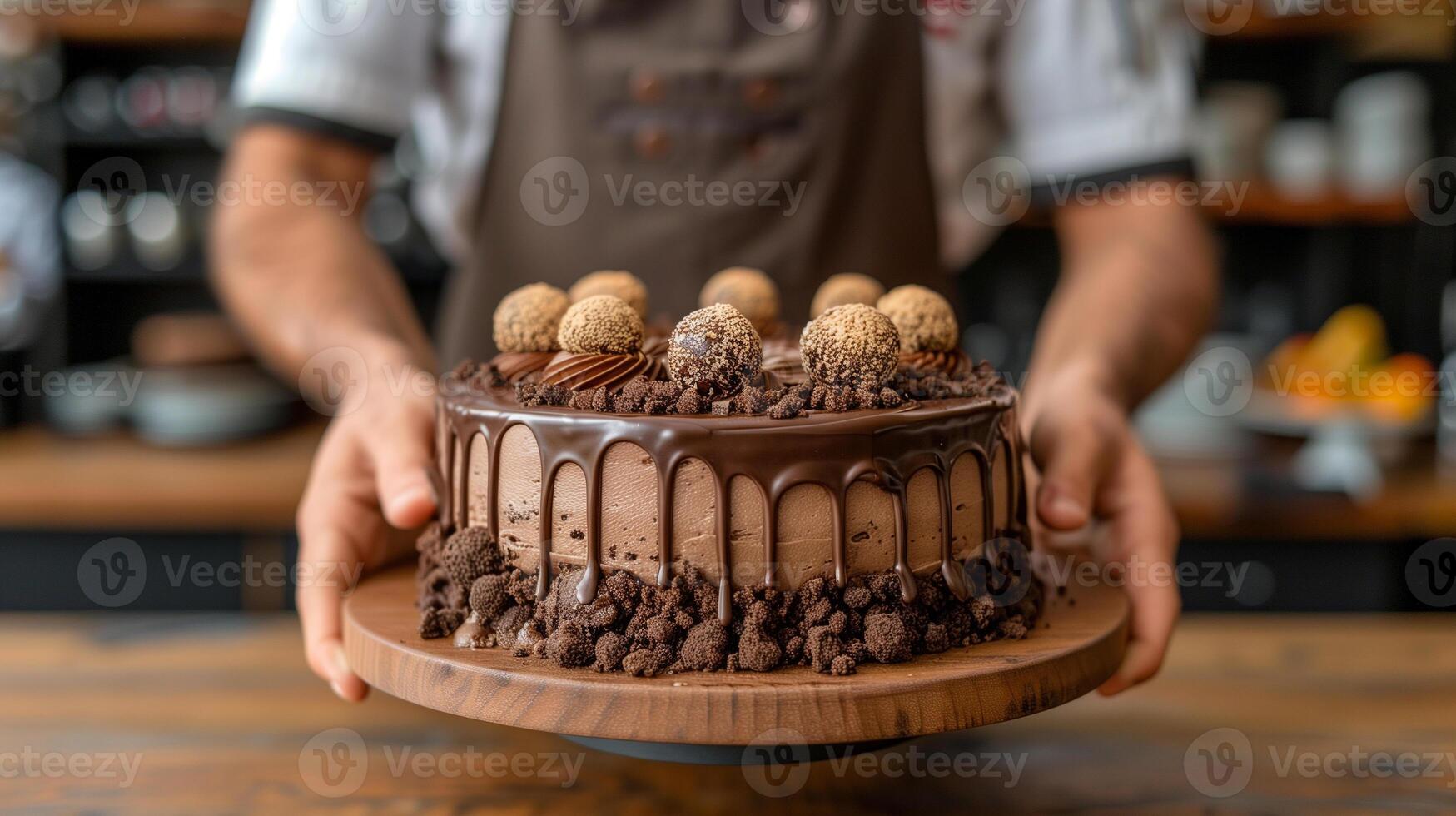 ai generiert Schokolade Kuchen mit Koch Hand Hintergrund foto
