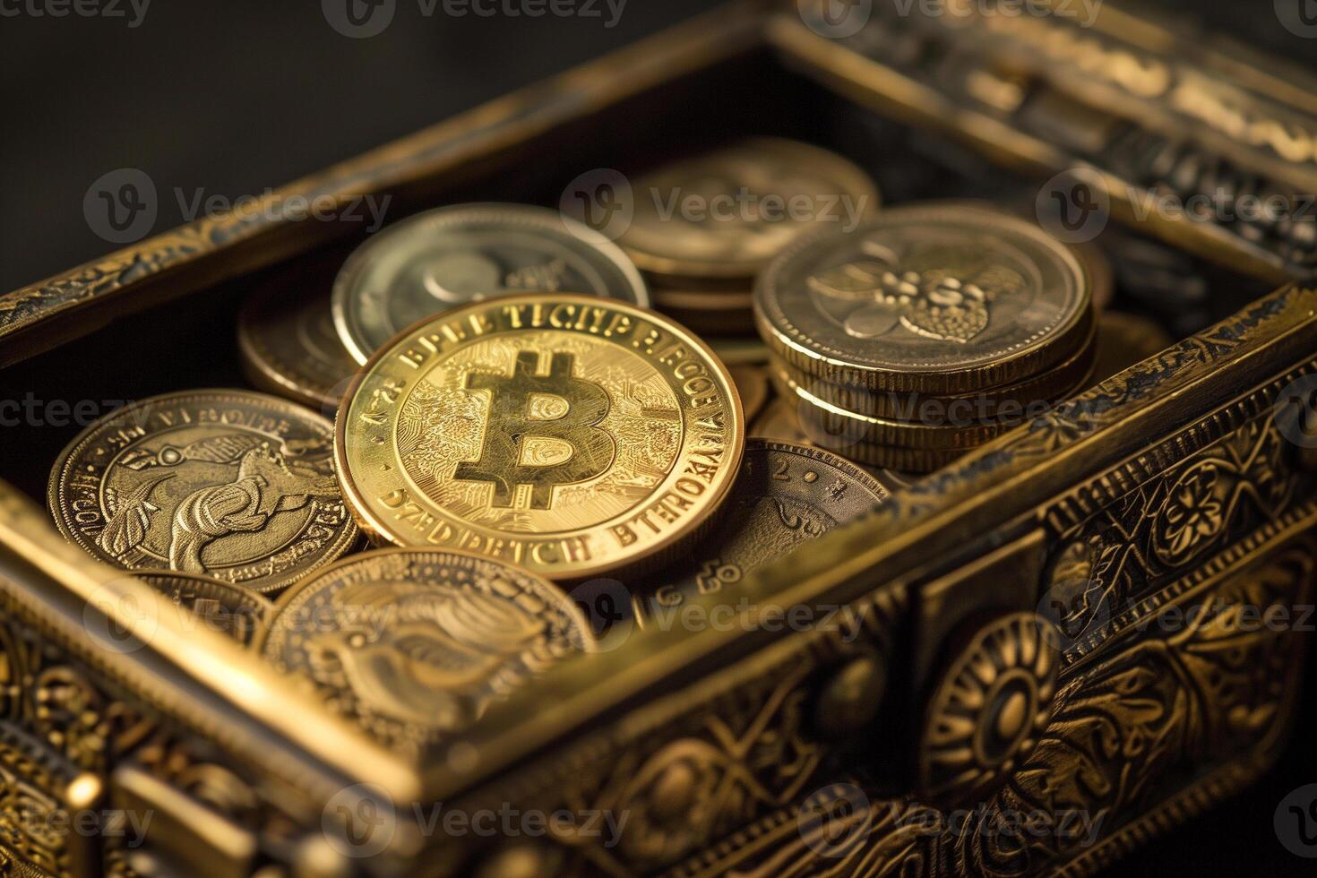 ai generiert Bitcoin im das Schatz Truhe Hintergrund foto