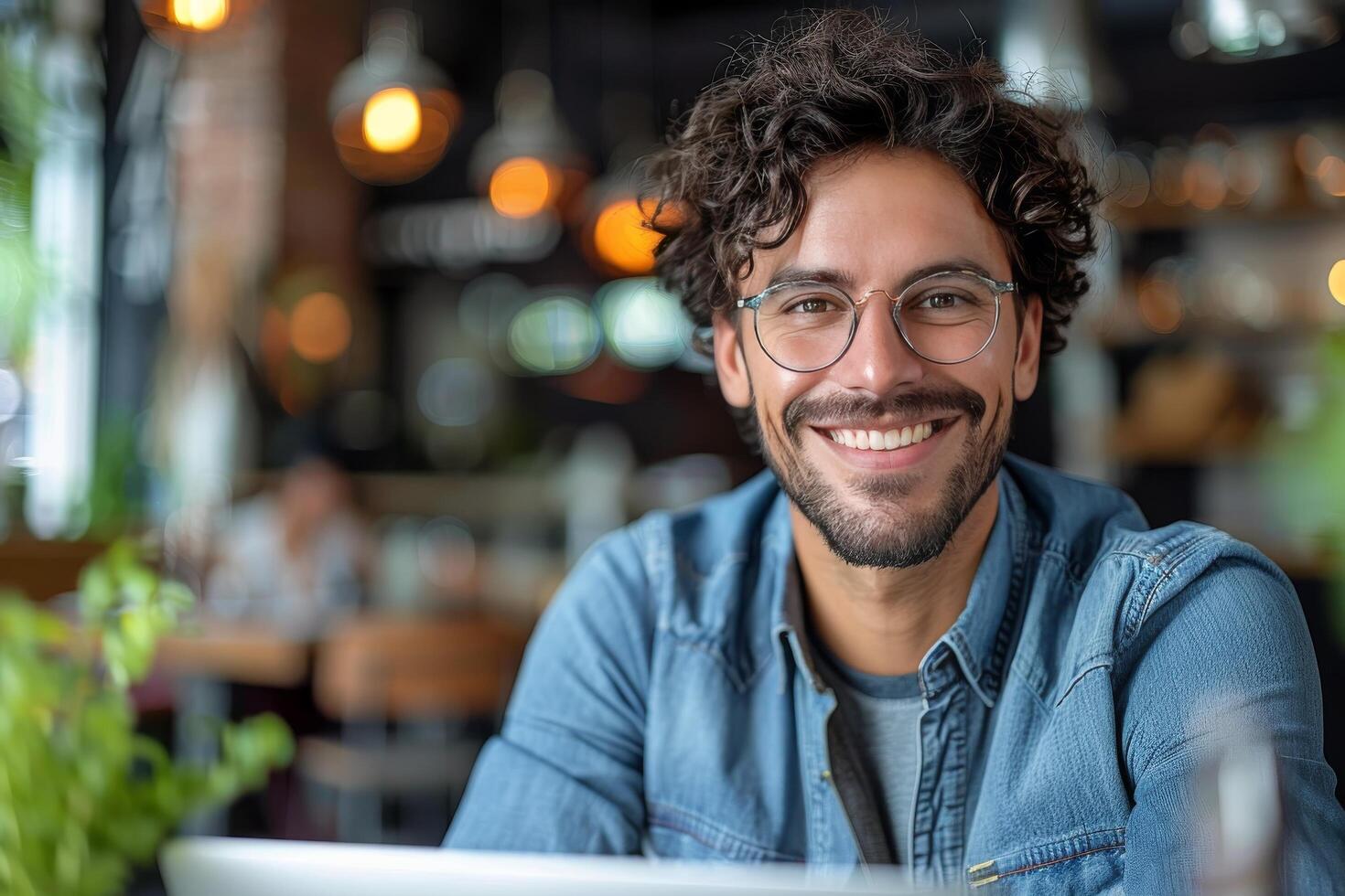 ai generiert Mann mit Brille Arbeiten auf Laptop foto