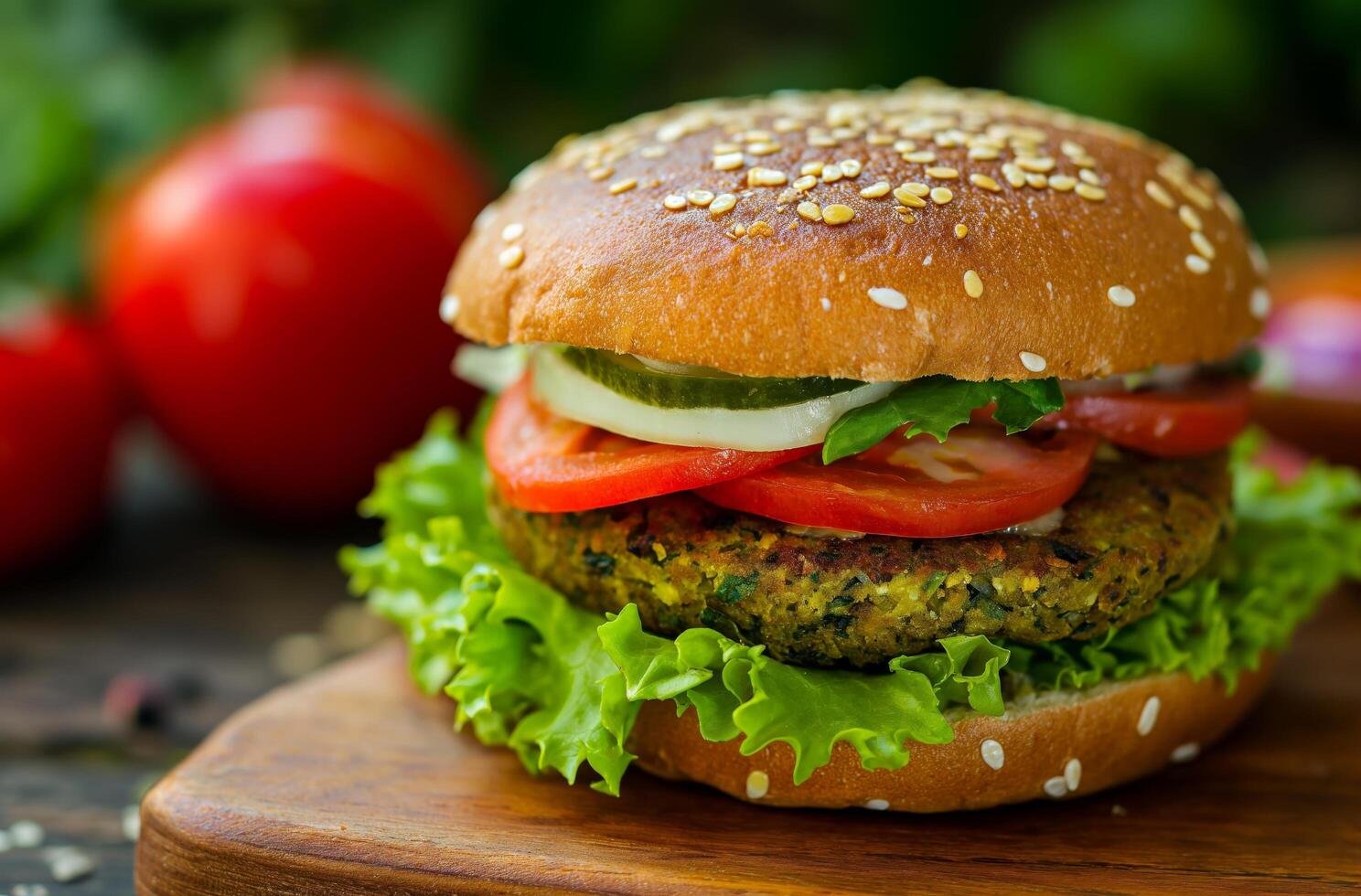 ai generiert Gemüse Pastetchen Burger auf hölzern Tafel foto