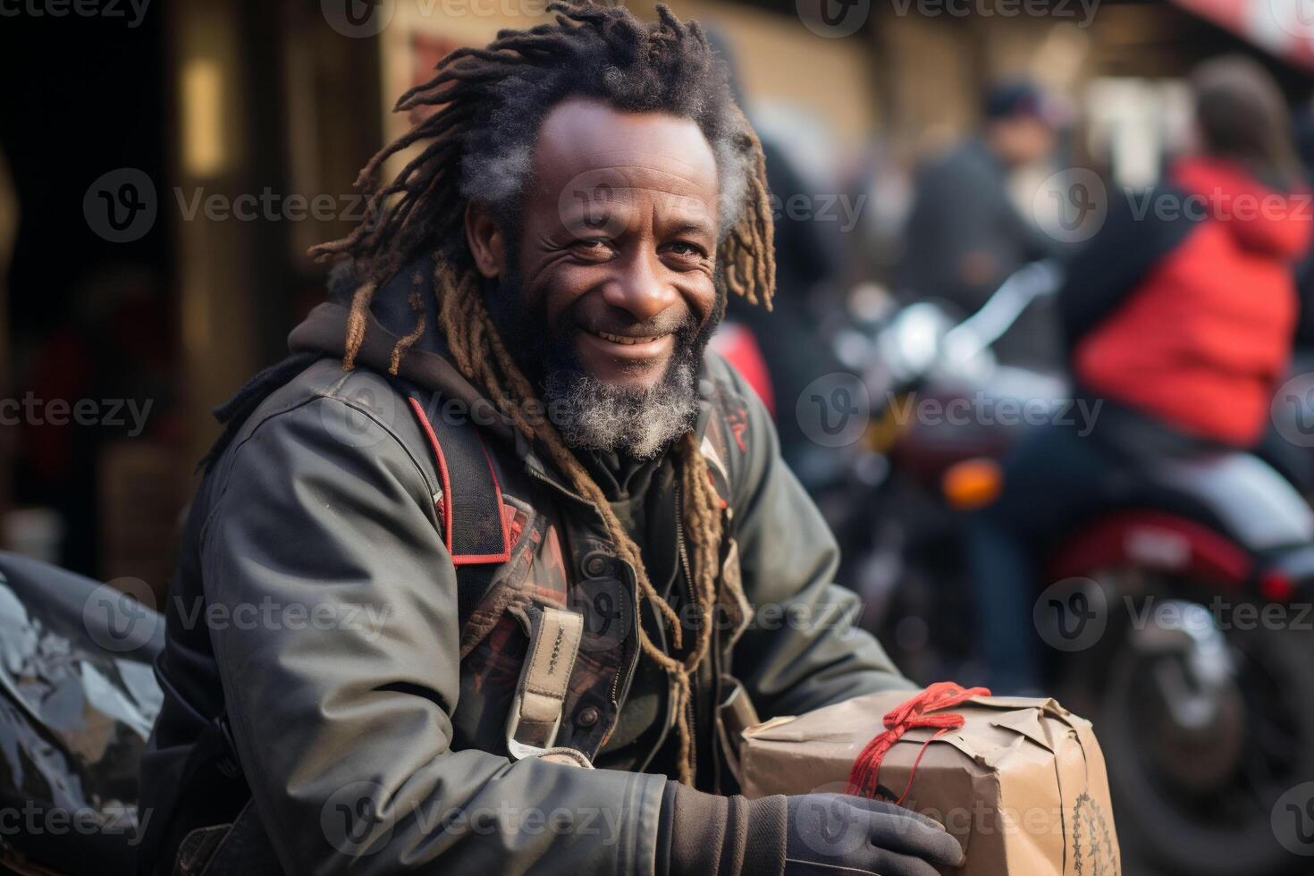 ai generiert lächelnd obdachlos Menschen erhalten Nächstenliebe Spenden. generativ ai foto