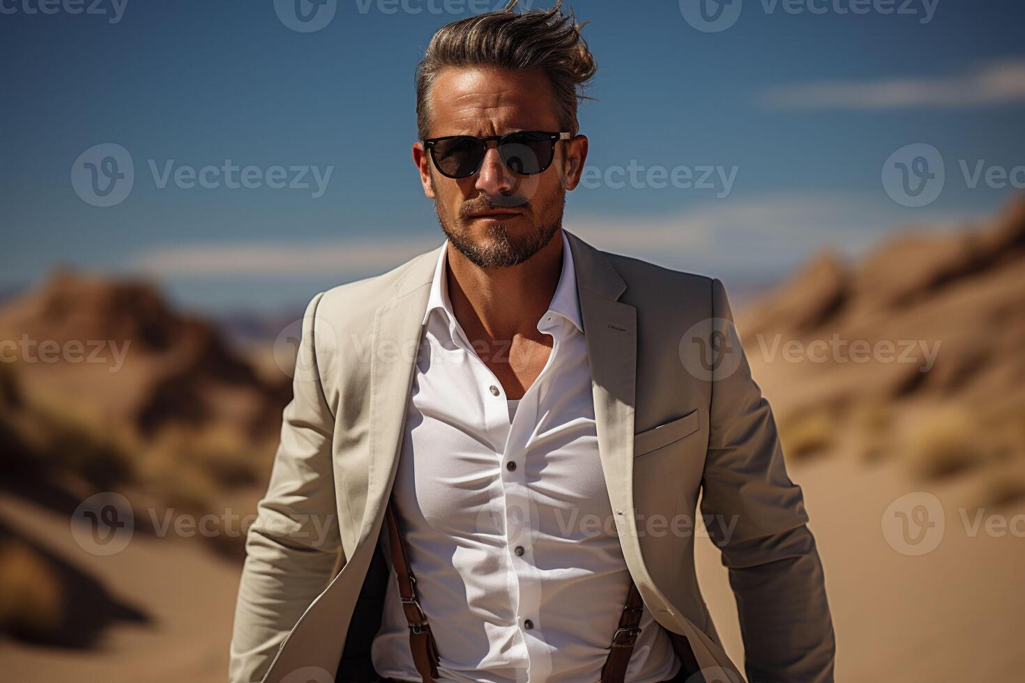 ai generiert gut aussehend Mann 40 Jahre alt im Bohemien Stil Kleider im das Wüste auf ein sonnig Tag. Kopieren Raum foto