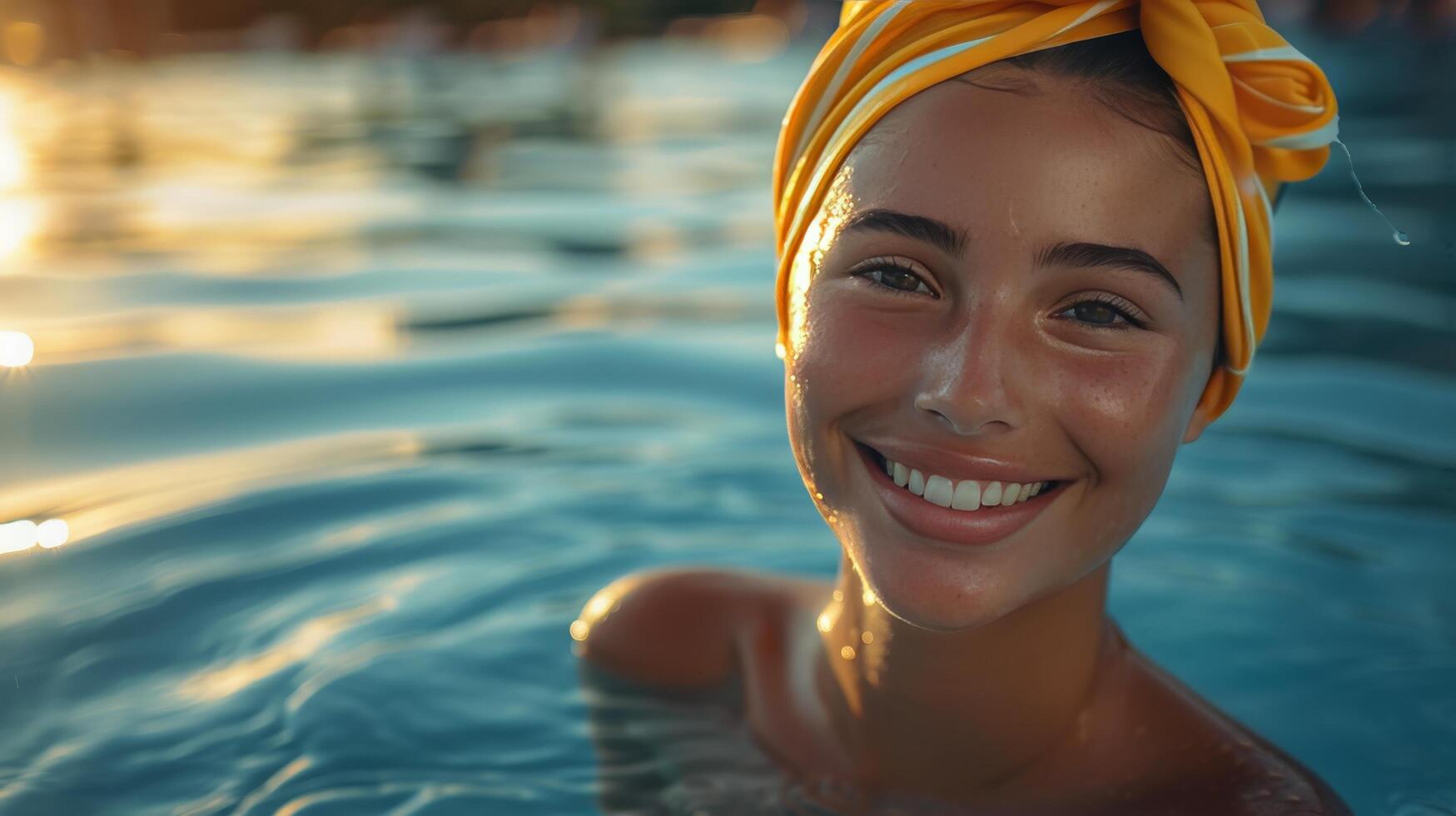 ai generiert Frau im ein Schwimmen Schwimmbad tragen ein Gelb Hut foto