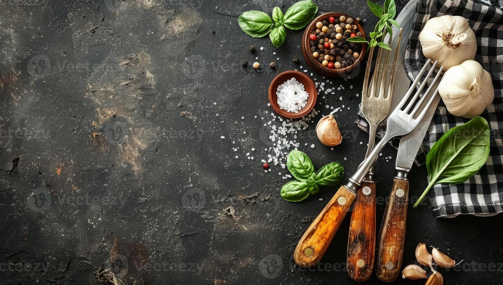 ai generiert rustikal Küche Hintergrund mit frisch Kräuter, Gewürze, und Kochen Utensilien. Konzept von gesund, hausgemacht Kochen und Essen Vorbereitung foto
