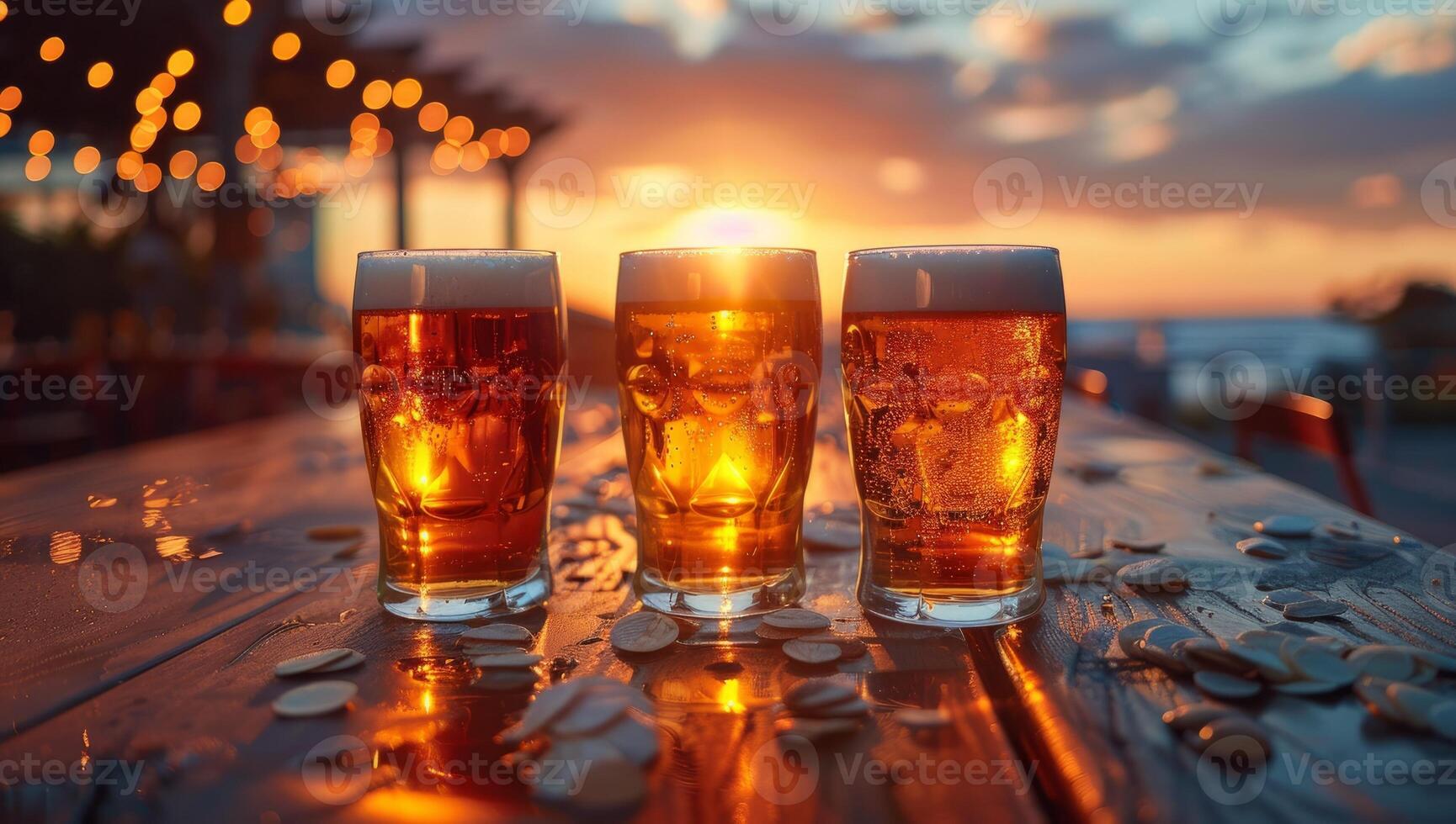 ai generiert erfrischend Bier nach arbeiten. drei Brille von kalt Lagerbier Bier mit Schaum auf hölzern Tabelle beim Sonnenuntergang. Konzept von Entspannung, Freundschaft und Feier foto