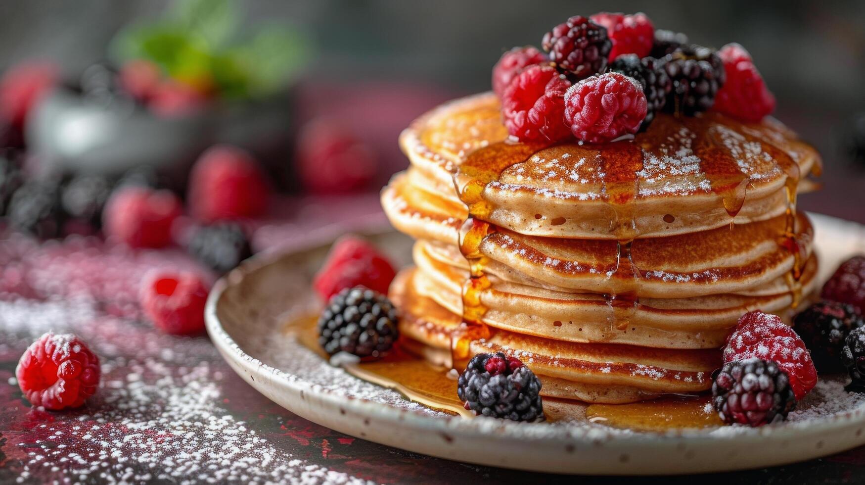 ai generiert Stapel von Pfannkuchen gekrönt mit Beeren und Sirup foto