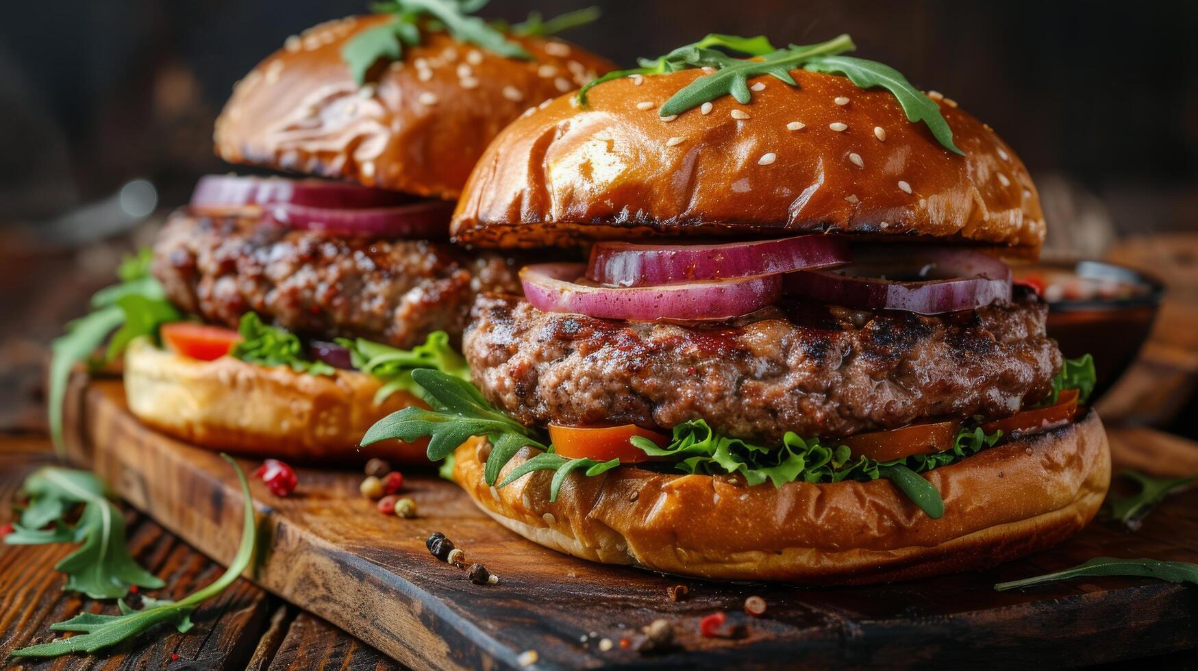 ai generiert zwei Hamburger mit Zwiebeln und Fleisch auf ein Schneiden Tafel foto