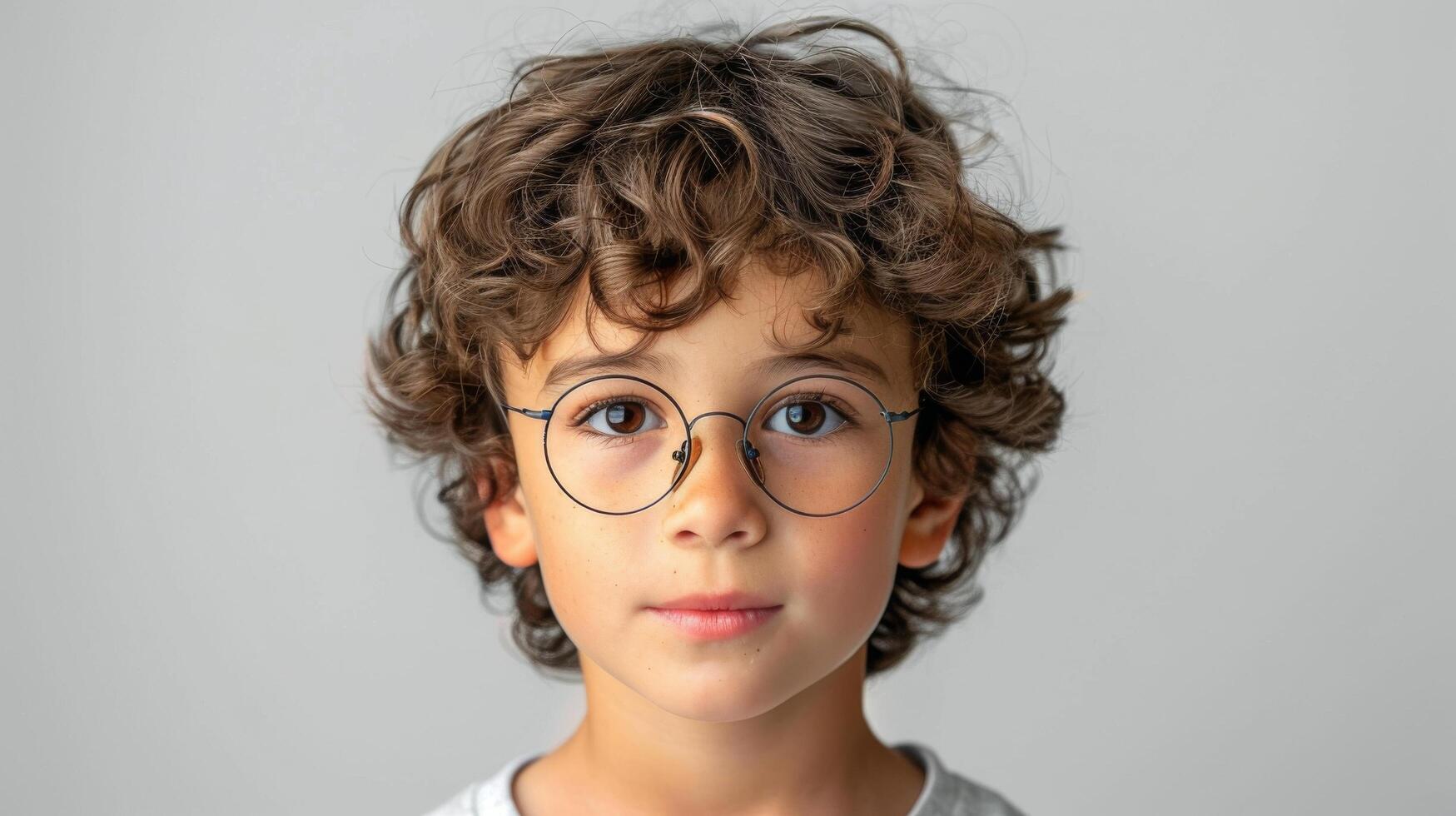 ai generiert jung Junge mit Brille und lockig Haar foto