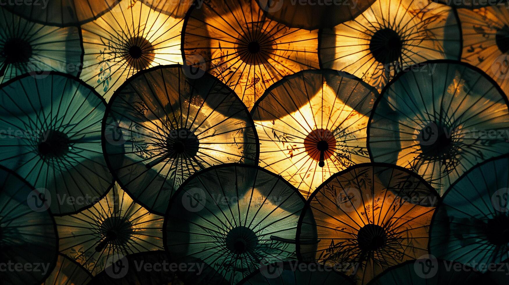 ai generiert silhouettiert Überdachung von japanisch Regenschirme foto