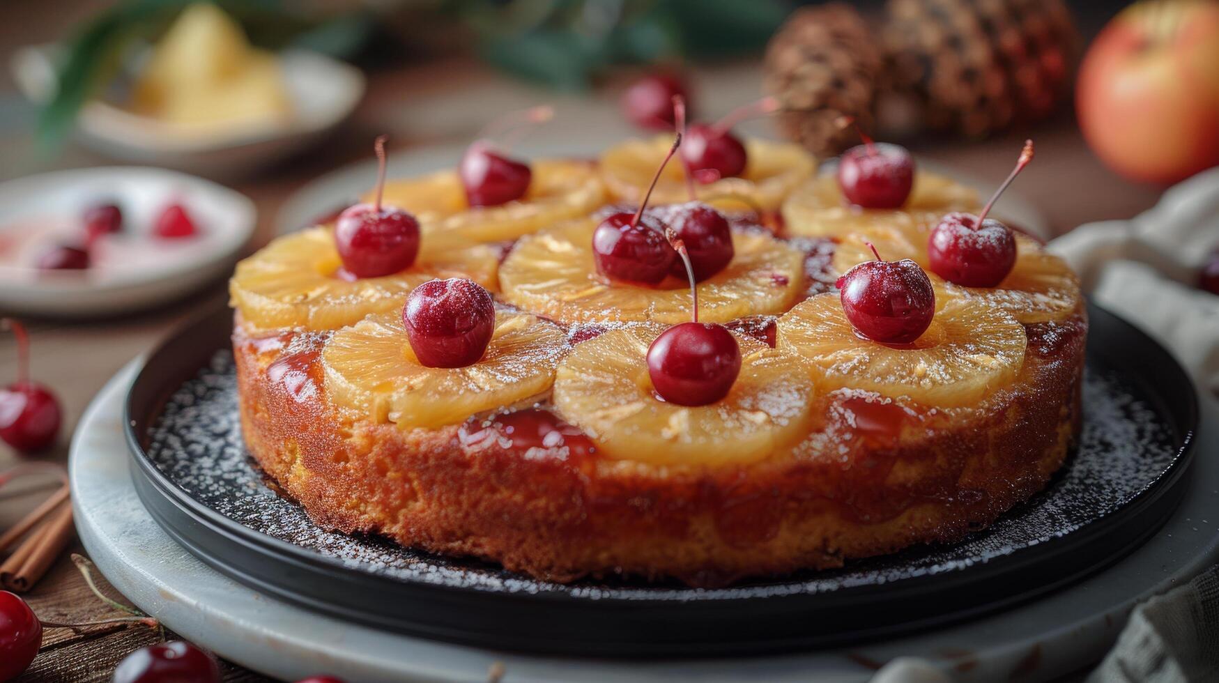 ai generiert Ananas Kopf Nieder Kuchen mit Kirschen foto