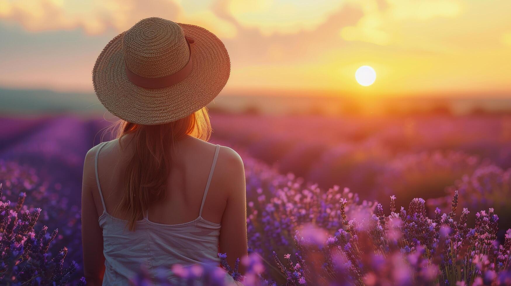 ai generiert Frau mit Stroh Hut im Lavendel Feld foto