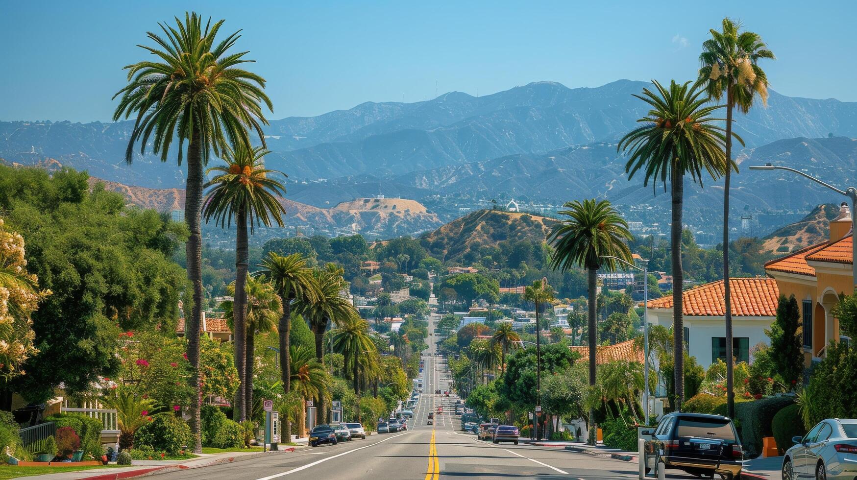 ai generiert Palme Bäume Beschichtung Straße mit Berg Hintergrund foto