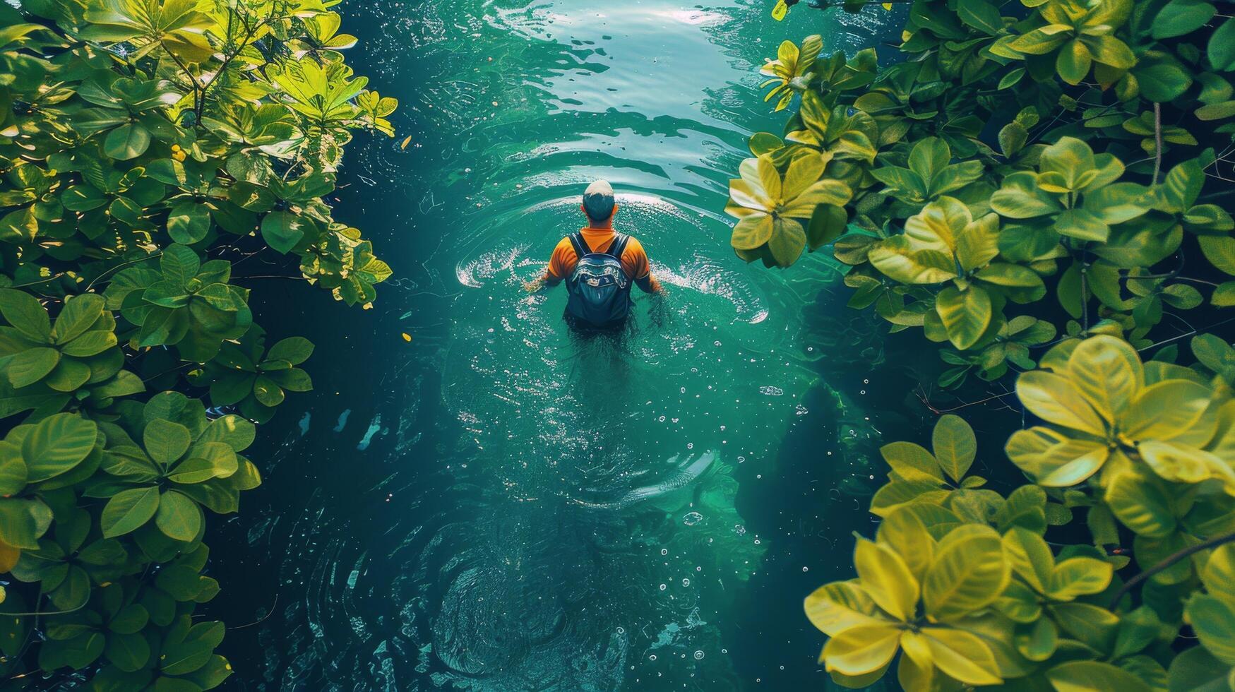 ai generiert Person Schwimmen im See foto