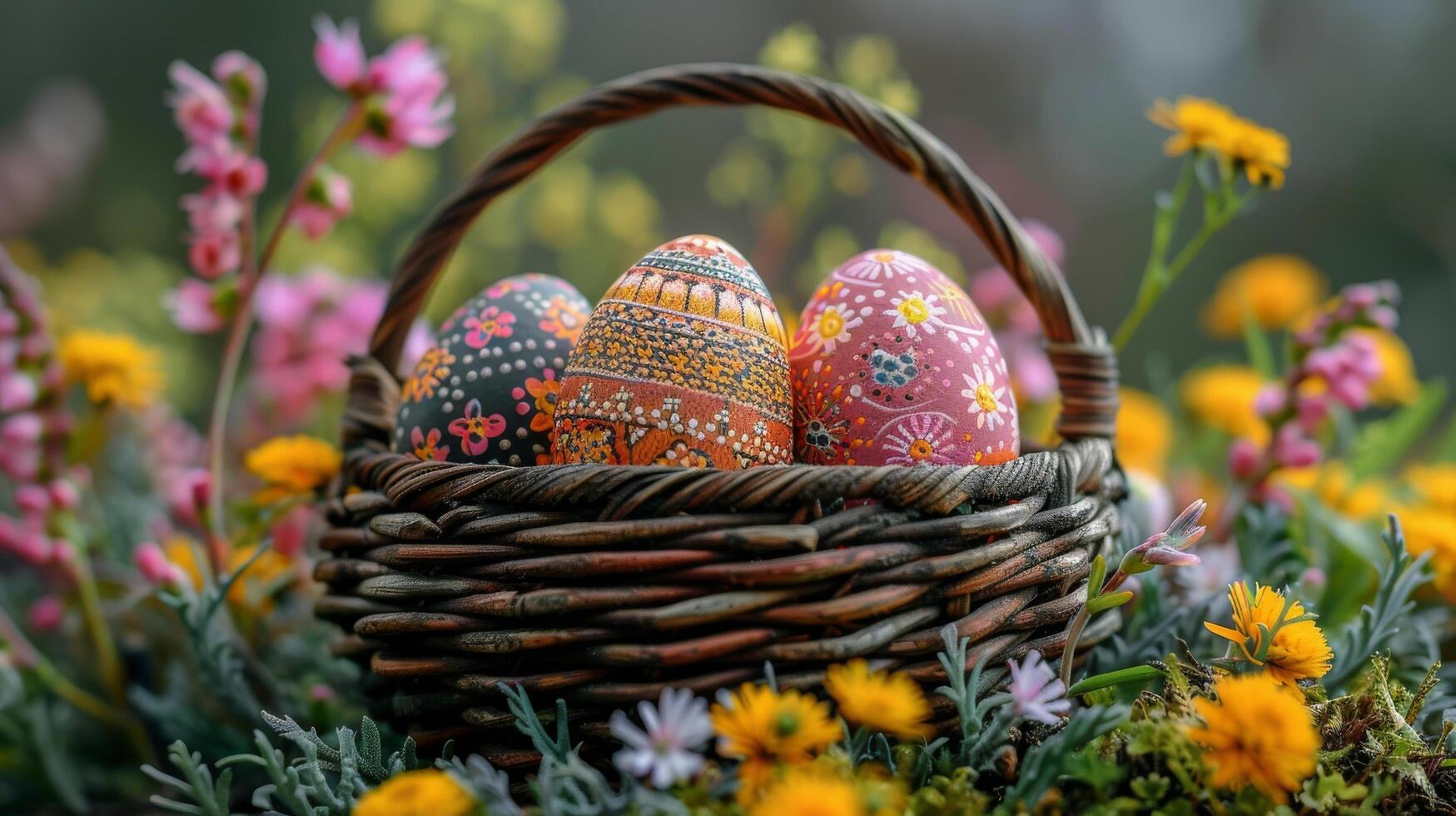 ai generiert Korb von Ostern Eier im Blume Feld foto