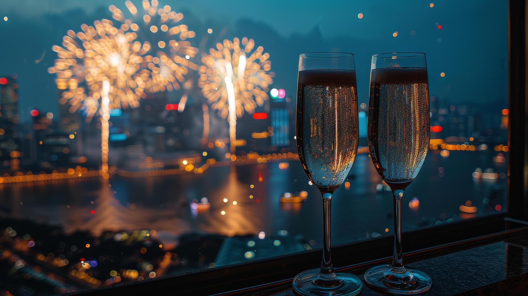 ai generiert Champagner Glas mit Feuerwerk foto