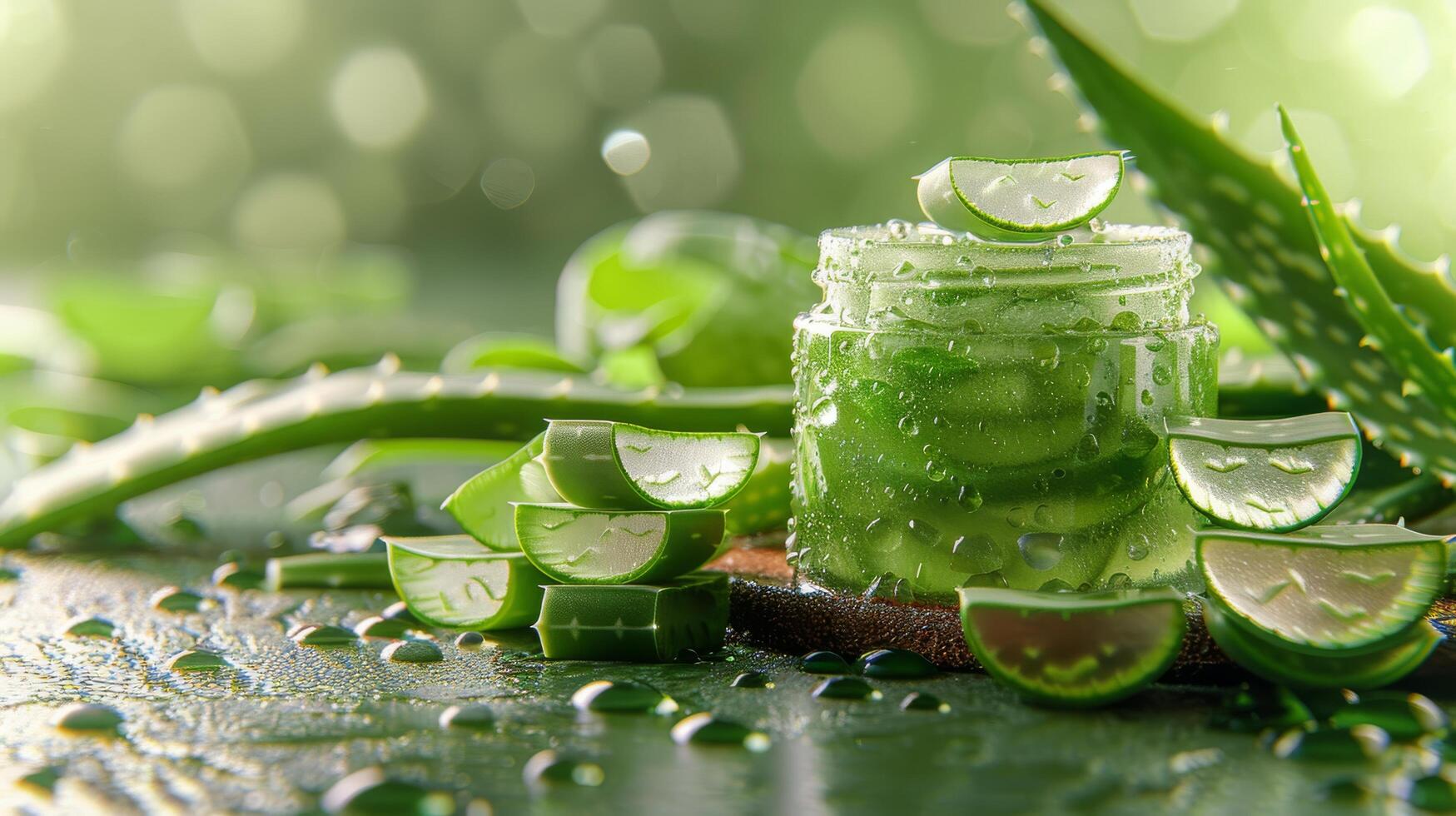 ai generiert schließen oben von Aloe vera Krug auf Tabelle foto