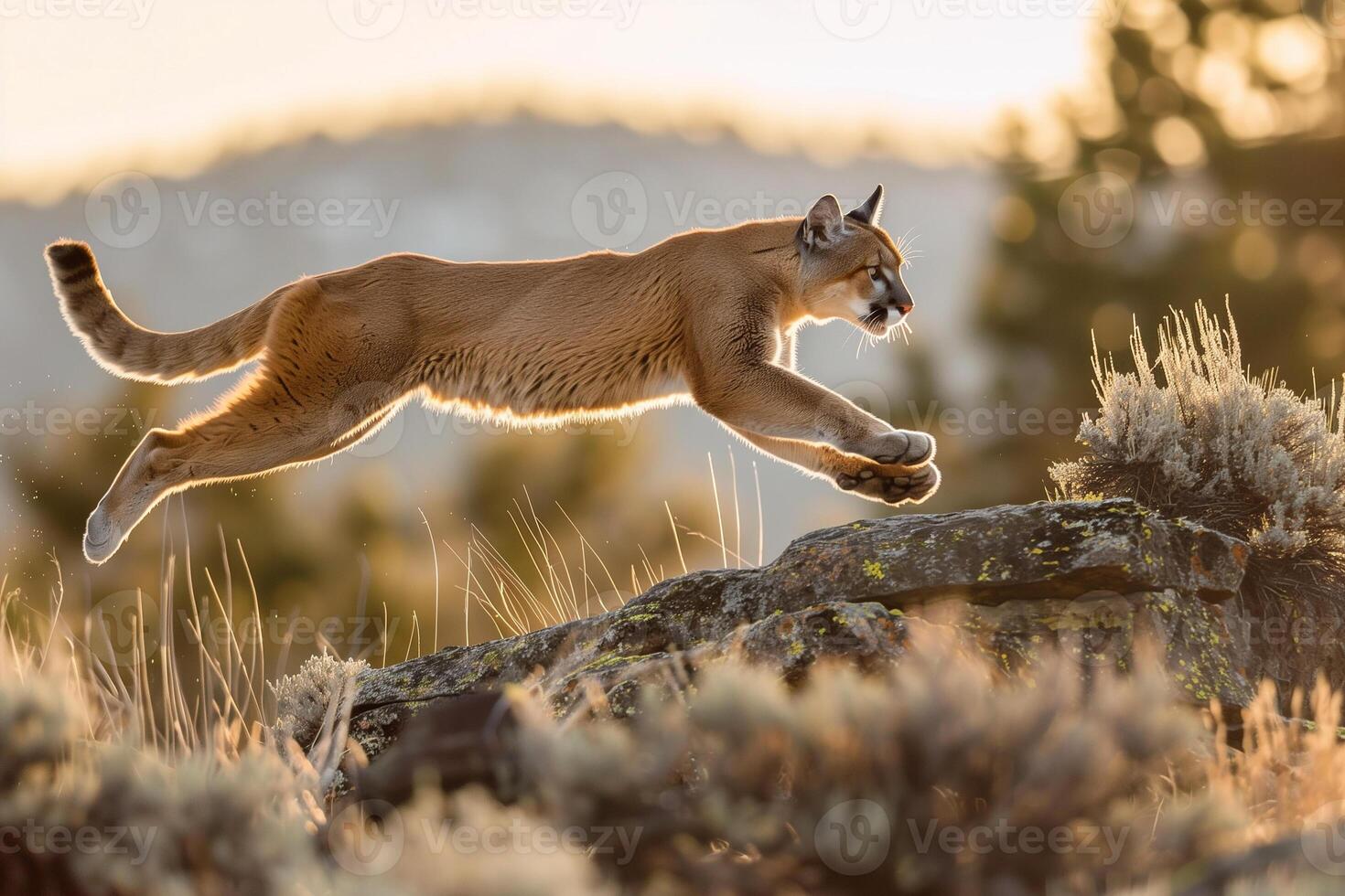 ai generiert Puma Concolor Springen im wald.generativ ai foto