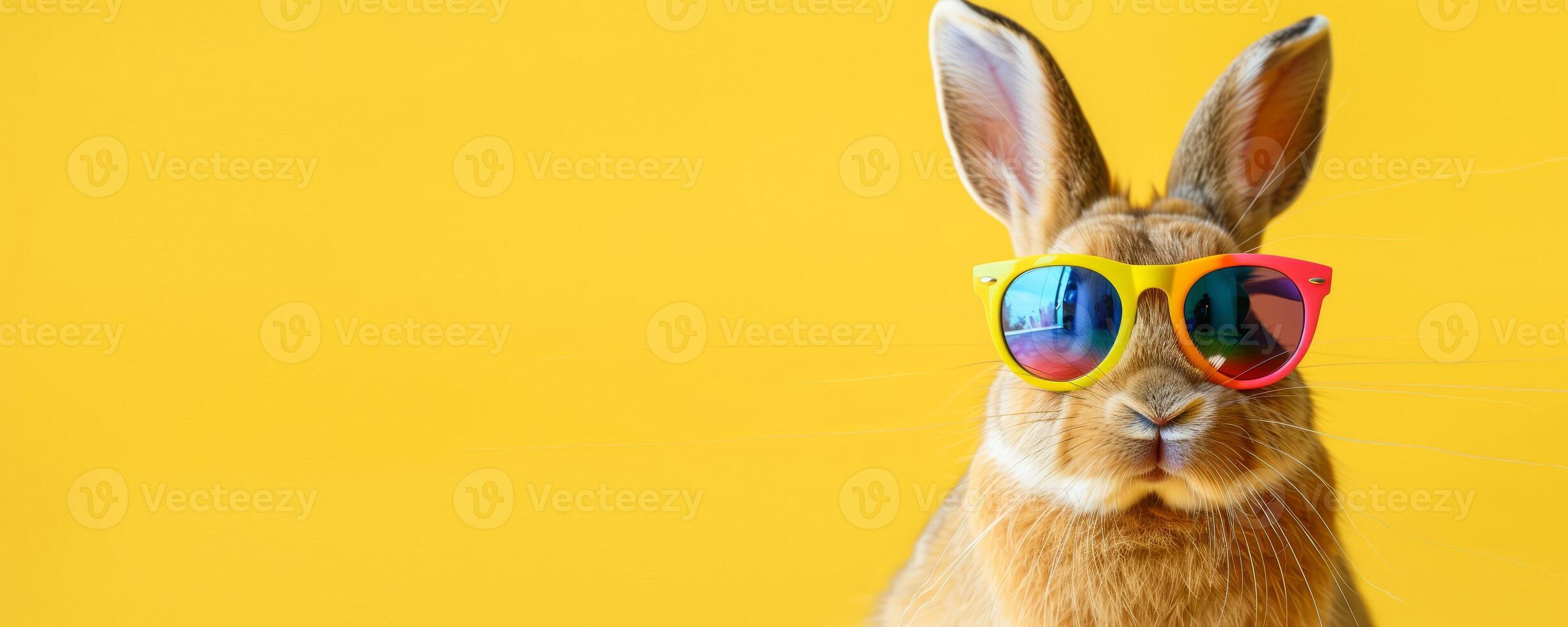 ai generiert komisch Hase tragen bunt Sonnenbrille auf Gelb Hintergrund. süß Hase mit cool Sonnenbrille suchen beim Kamera. Konzept von Humor, Haustiere, und Ostern. foto