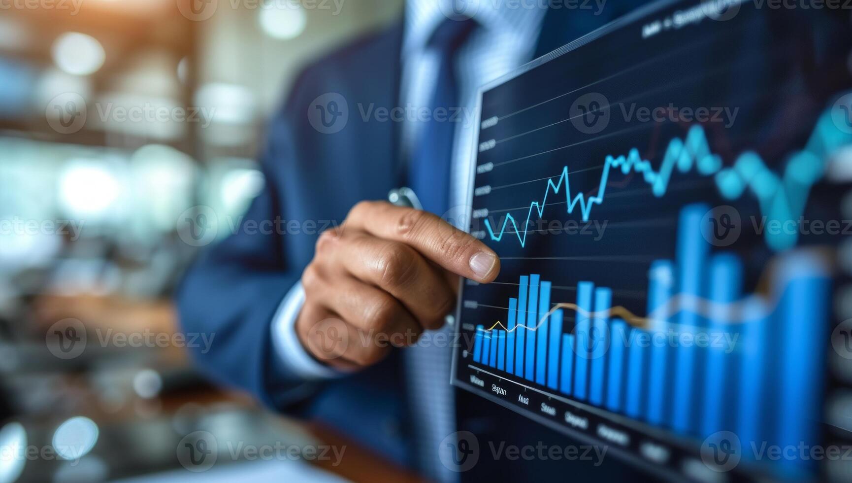 ai generiert Geschäftsmann Analysieren Investition Diagramme auf virtuell Bildschirm. Geschäft und finanziell Konzept. foto