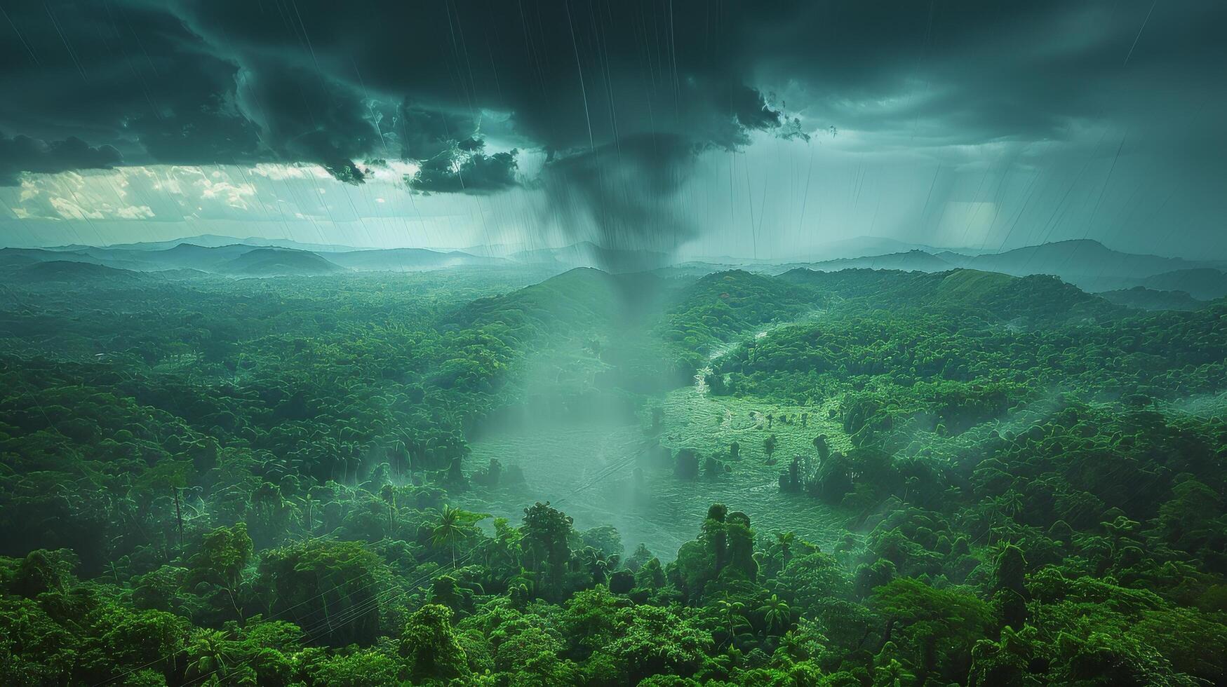 ai generiert Riese Wolke schweben über üppig Grün Wald foto