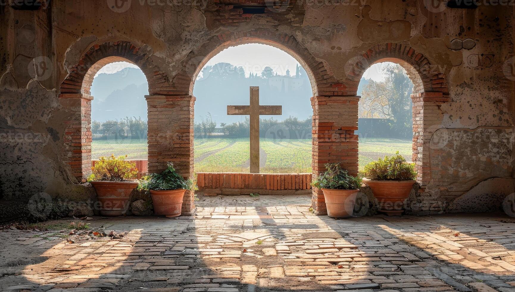 ai generiert Stein Torbogen mit Kreuz im Entfernung foto