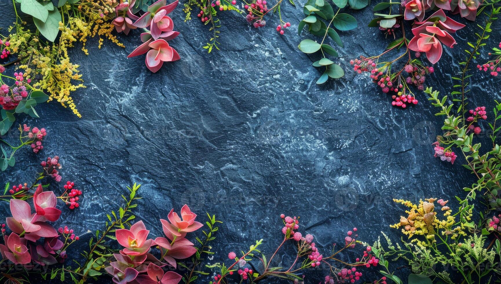 ai generiert beschwingt Blumen- Anordnung auf Schiefer Hintergrund foto