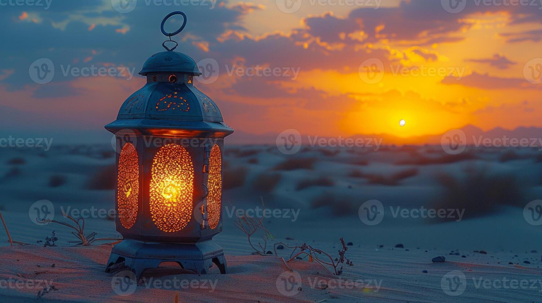 ai generiert Laterne im das Wüste beim Sonnenuntergang. Ramadan kareem Hintergrund foto