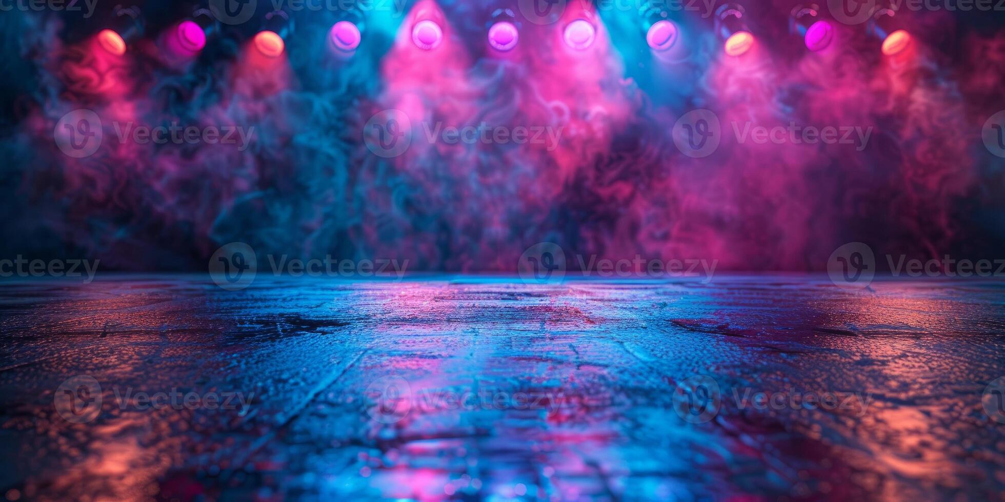 ai generiert Neon- Rauch Reflexionen, beschwingt Farbtöne gespiegelt auf nass Fußboden foto